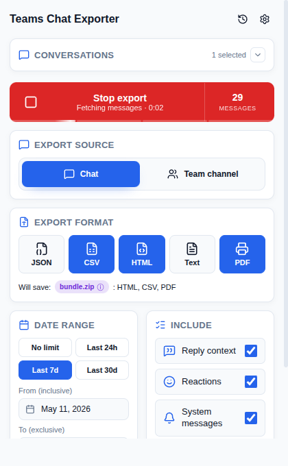 Export in progress with progress bar