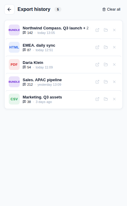Export history page with one entry